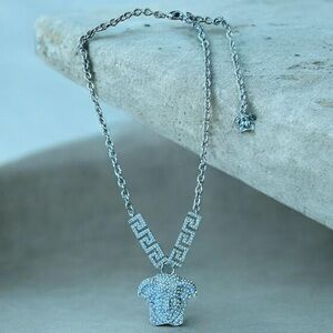Versace, Medusa, silver, and crystal pendant necklace with Greca accents! New!